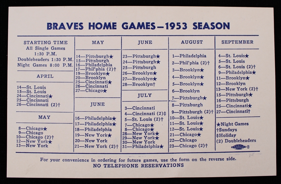 1953 Milwaukee Braves Milwaukee County Stadium Home Game Ticket Order Form