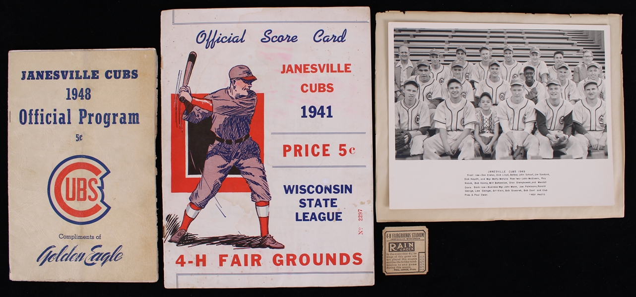 1941-49 Janesville Cubs Memorabilia Collection - Lot of 4 w/ Programs, Stub & Team Photo