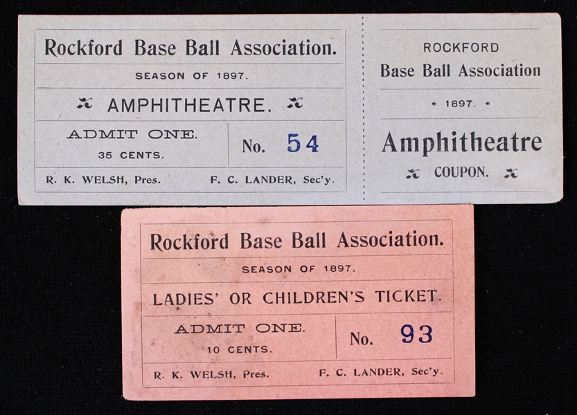 1897 Rockford Base Ball Association Ticket & Stub - Lot of 2 