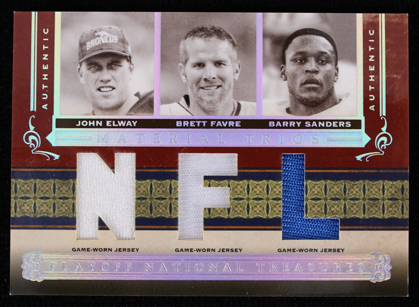 2006 John Elway Brett Favre Barry Sanders Playoff National Treasures Material Issue Football Relic Card