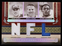 2006 John Elway Brett Favre Barry Sanders Playoff National Treasures Material Issue Football Relic Card