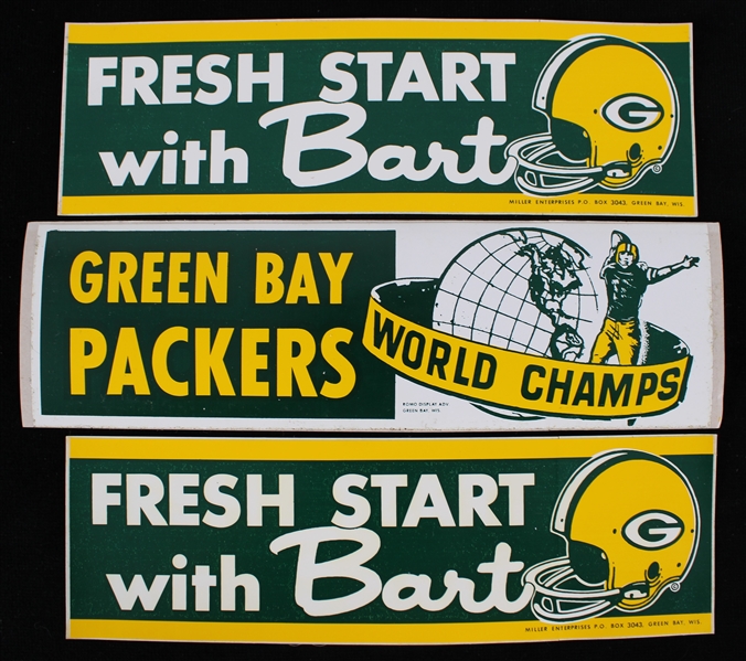1960s-75 Green Bay Packers Bumper Stickers - Lot of 3 w/ Bart Starr & World Champs