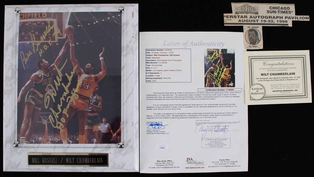 1997-99 Bill Russell Wilt Chamberlain Celtics / Lakers Signed 10.5" x 13" Photo Display *Full JSA Letter*