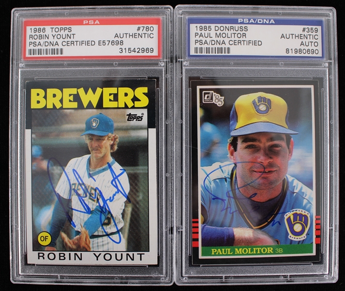 1985-86 Paul Molitor Robin Yount Milwaukee Brewers Signed Baseball Trading Cards - Lot of 2 (PSA Slabbed)