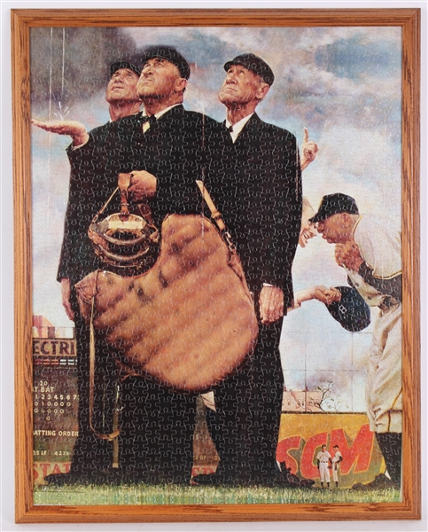 1960s Norman Rockwell The Three Umpires 27" x 34" Framed Assembled Puzzle