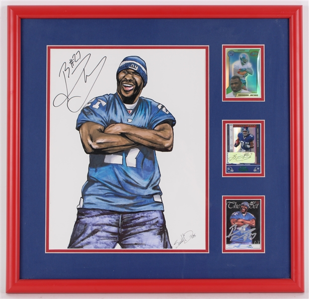 2005 Brandon Jacobs New York Giants 20" x 20" Framed Display w/ Signed Trading Cards & Original Art (JSA)