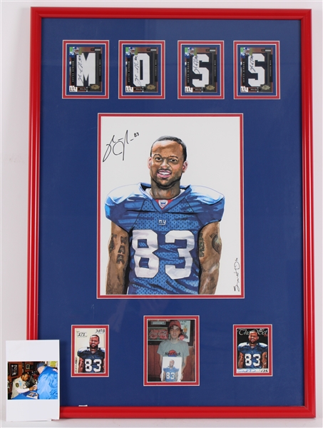 2006 Sinorice Moss New York Giants 22" x 32" Framed Display w/ Signed Trading Cards & Original Art (JSA)