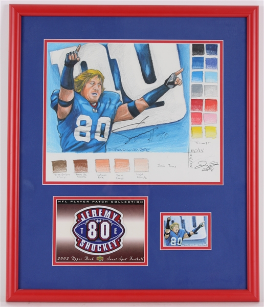 2002 Jeremy Shockey NY Giants Signed Jonathan Gordon Illustration w/ Patch & 19x23 Frame (JSA) 