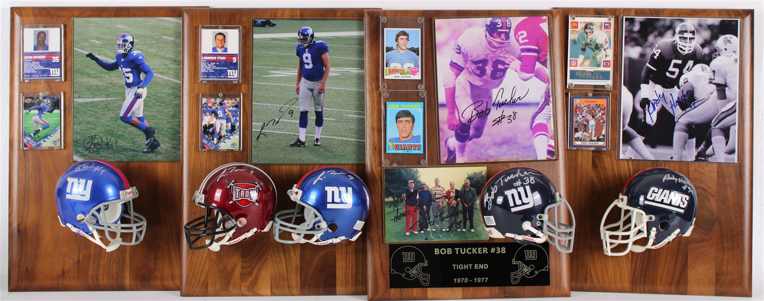 1970-2012 Bob Tucker, Lawrence Tynes & more NY Giants Signed Mini Helmet, Photo 14x20 Plaques (Lot of 4)(JSA)