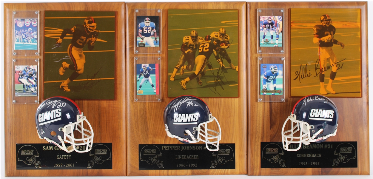 1986-2001 Pepper Johnson, Garnes, Beamon NY Giants Signed Mini Helmet, Photo 14x20 Plaques (Lot of 3)(JSA)