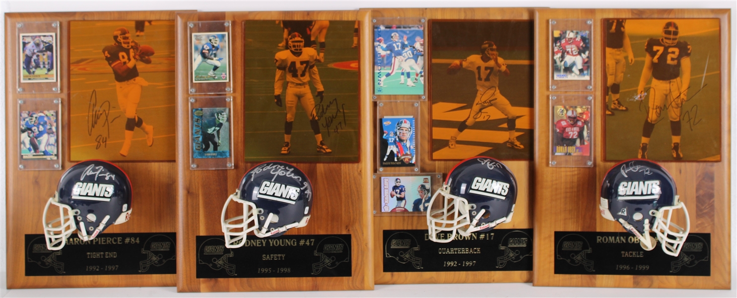 1992-1999 Roman Oben, Dave Brown & more NY Giants Signed Mini Helmet, Photo 14x20 Plaques (Lot of 4)(JSA) 