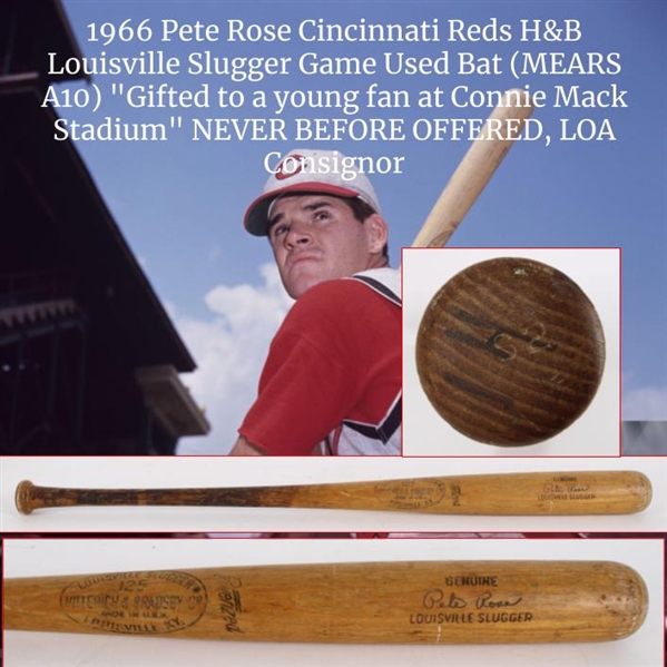 1966 Pete Rose Cincinnati Reds H&B Louisville Slugger Game Used Bat (MEARS A10) "Gifted to a young fan at Connie Mack Stadium" NEVER BEFOR OFFERED, LOA Consignor