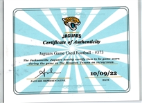 2022 (October 9) Travis Etienne Jacksonville Jaguars #373 Signed ONFL Goodell Game Used Football (MEARS LOA / JSA / Beckett / Jaguars COA)