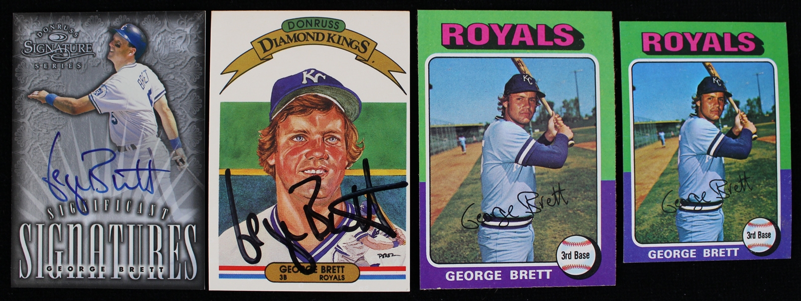 1975-98 George Brett Kansas City Royals Baseball Trading Cards - Lot of 4 w/ Rookie, Rookie MINI, and Two Signed Cards (JSA)