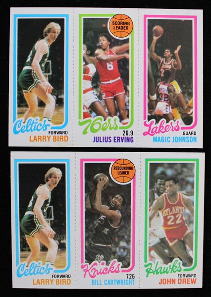 1980 Larry Bird Boston Celtics Topps Rookie Basketball Trading Cards - Lot of 2 w/ Magic Johnson Co-Rookie Card & Cartwright/Drew Card