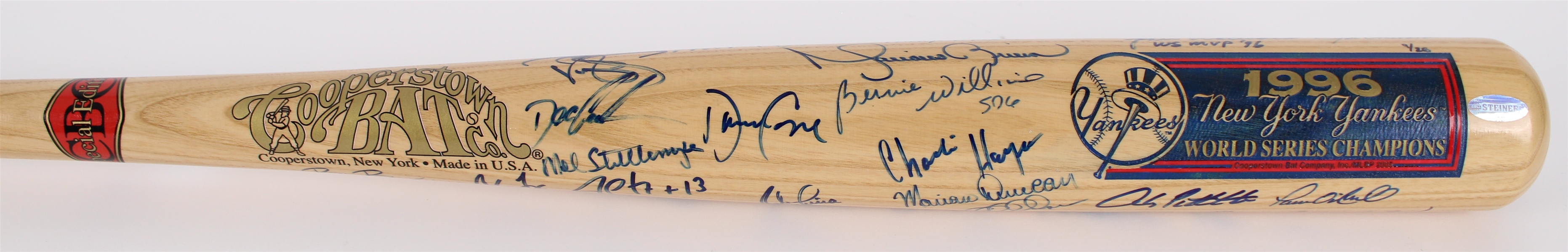 1996 World Series Champion New York Yankees Team Signed Cooperstown Bat Co. Commemorative Bat w/ 25 Signatures Including Mariano Rivera, Derek Jeter, Joe Torre & More (Steiner) 9/26