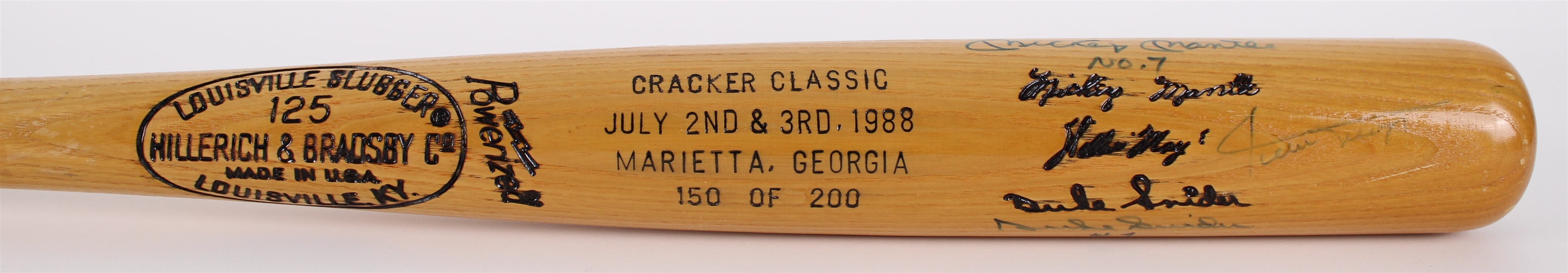 1988 Mickey Mantle Willie Mays Duke Snider Signed H&B Louisville Slugger Cracker Classic Show Bat (*Full JSA Letter*) 150 of 200