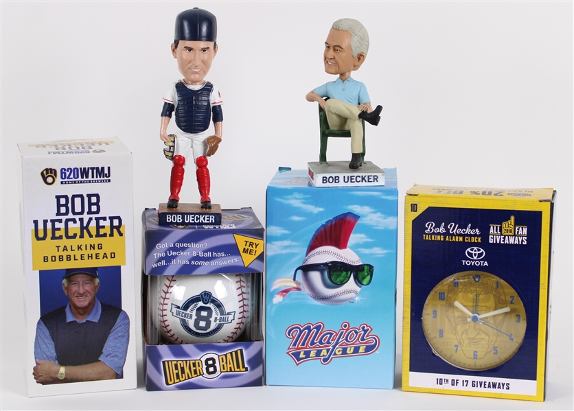 2010s-20s Bob Uecker Milwaukee Brewers Memorabilia Collection - Lot of 6 w/ MIB Harry Doyle, MIB Talking Bobble, MIB Talking Alarm Clock, MIB Magic 8-Ball & More