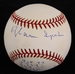 1995-99 Warren Spahn Milwaukee Braves Signed 5 Stats ONL Coleman Baseball *JSA*