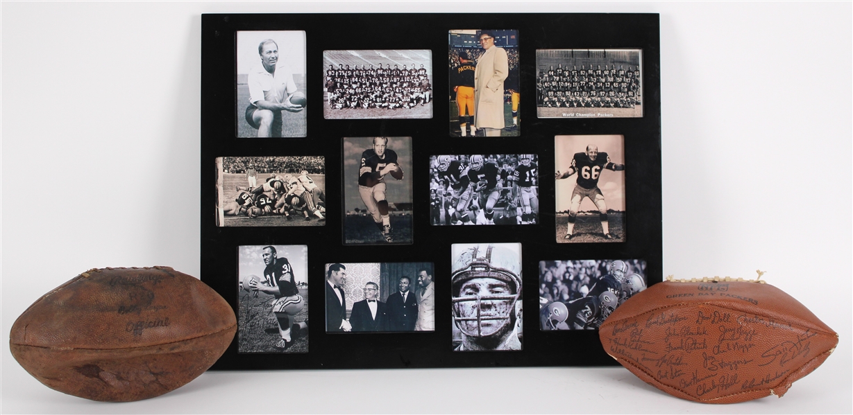 1960s-70s Football Memorabilia Collection - Lot of 3 w/ Green Bay Packers Facsimile Signed Ball, Bobby Layne Store Model Ball & 18" x 24" Framed Photo Display