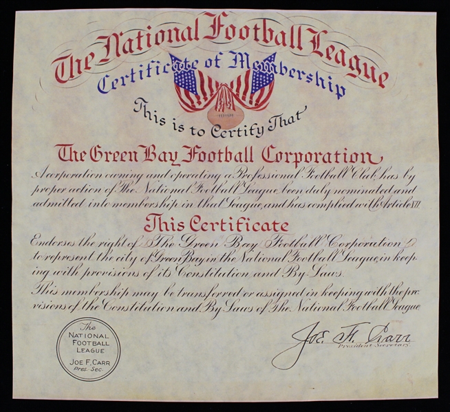 1920s Green Bay Packers Certificate of NFL Membership (Reproduction)