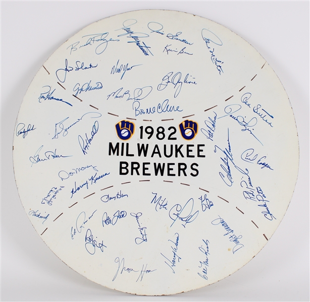 1982 Milwaukee Brewers Team Signed 22" Circular Display w/ 38 Signatures Including Harvey Kuenn, Robin Yount, Paul Molitor, Rollie Fingers, Don Sutton, Ted Simmons & More (JSA)