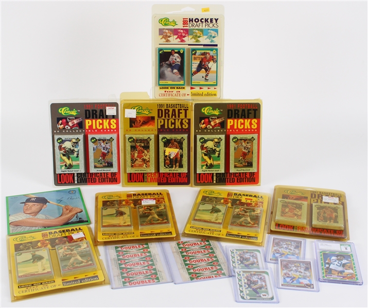 1960s-2020s Baseball Football Basketball Hockey Trading Cards & Memorabilia - Lot of 17 w/ Roger Maris AuraVision Records, Jayden Daniels Rookie Cards, MOC Classic Draft Picks Cards & More