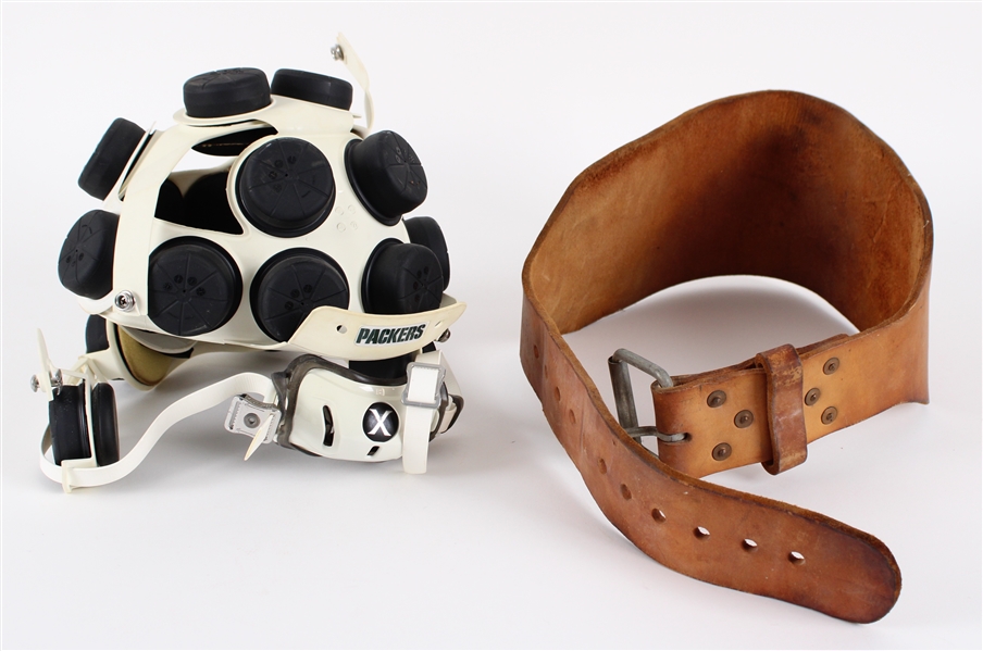 2010s Green Bay Packers Removed Helmet Padding + Vintage Leather Weightlifting Belt (MEARS LOA / Pepper Burruss Collection)