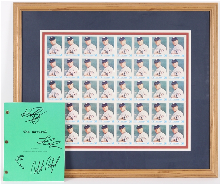 1984 The Natural Memorabilia Collection - Lot of 2 w/ 25" x 29" Framed Roy Hobbs Uncut Card Sheet & Multi Signed Script