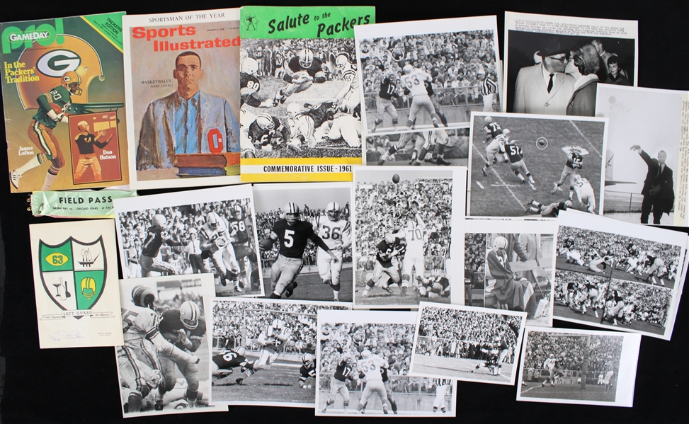1950s-80s Green Bay Packers Memorabilia Collection - Lot of 63 w/ City Stadium Field Pass Ribbons, Vintage Photography, Fuzzy Thurston Signed Menu & More (JSA)