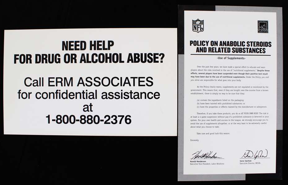 1990s-2000s NFL Policy Anabolic Sterioids & Related Substances Abuse Help 9"x14" Locker Room Signs (Lot of 2) (Pepper Burruss Collection)