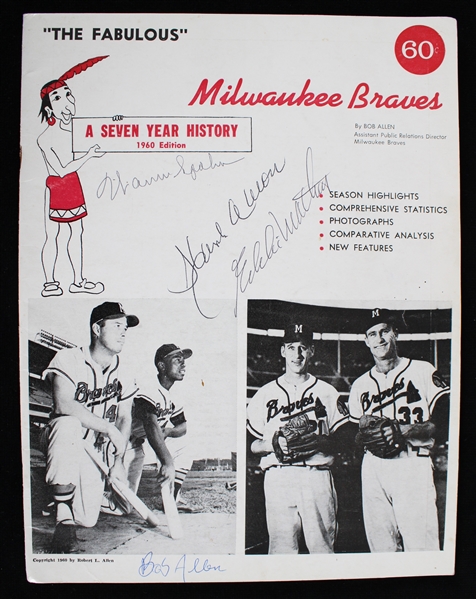 1960 Warren Spahn Hank Aaron Eddie Mathews and Bob Allen Milwaukee Braves Signed 7 Year History Magazine (JSA)