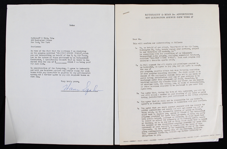 1955 Warren Spahn (d.2003) Milwaukee Braves Signed "Greatest Sports Thrill" Radio Program Contract  (JSA)