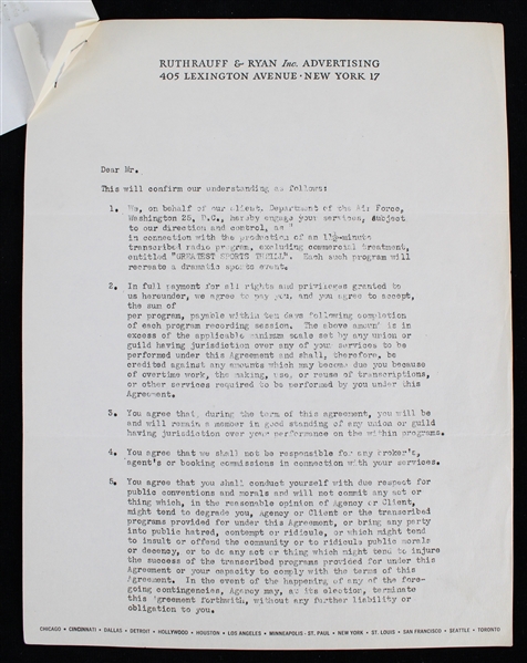 1955 Phil Rizzuto (d.2007) New York Yankees Signed "Greatest Sports Thrill" Radio Program Contract  (JSA)