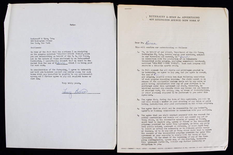 1956 Larry "Yogi" Berra (d.2015) New York Yankees Signed "Greatest Sports Thrill" Radio Program Contract  (JSA)