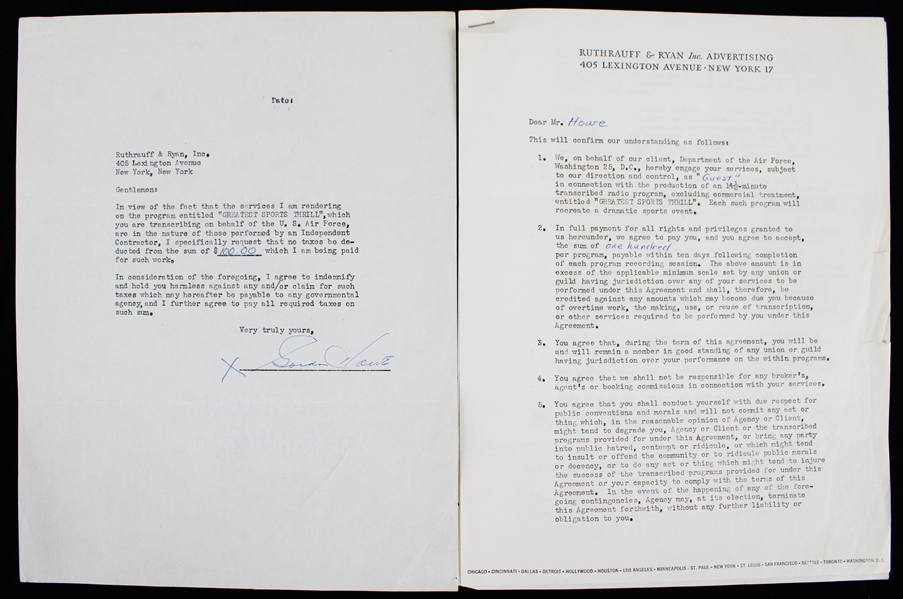 1957 Gordie Howe (d.2016) Detroit Red Wings Signed "Greatest Sports Thrill" Radio Program Contract (JSA)