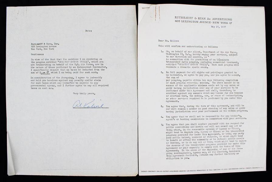 1957 Al Kaline (d.2020) Detroit Tigers Signed "Greatest Sports Thrill" Radio Program Contract (JSA)