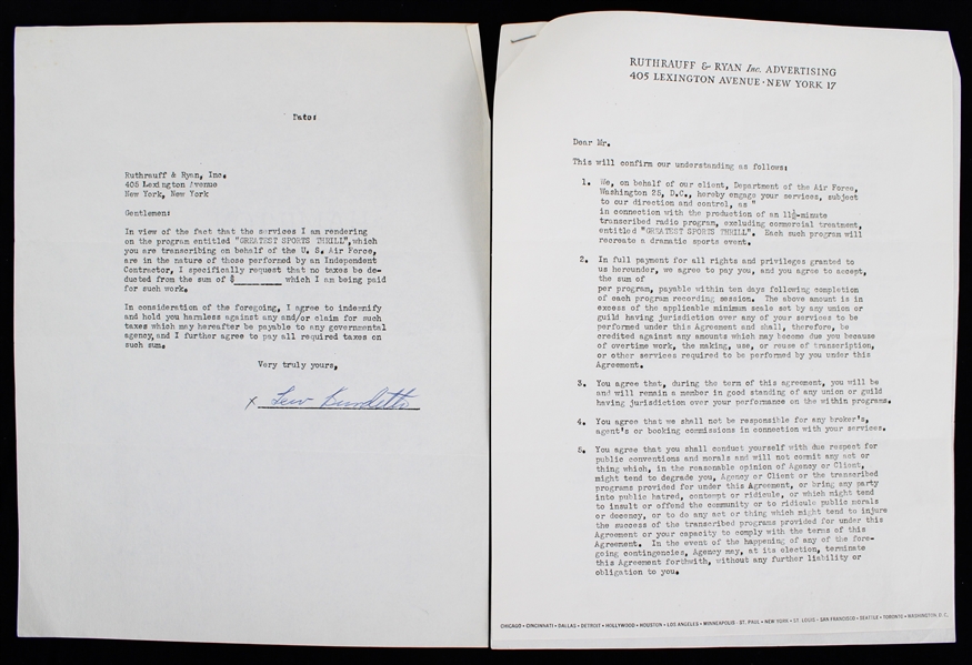 1955 Lew Burdette Milwaukee Braves Signed "Greatest Sports Thrill" Radio Program Contract (JSA)
