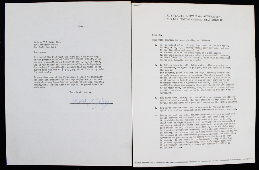 1956 Robert Cousy Boston Celtics Signed "Greatest Sports Thrill" Radio Program Contract (JSA)