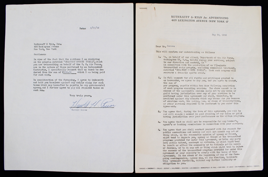 1956 Harold "Pee Wee" Reese Brooklyn Dodgers Signed "Greatest Sports Thrill" Radio Program Contract (JSA)