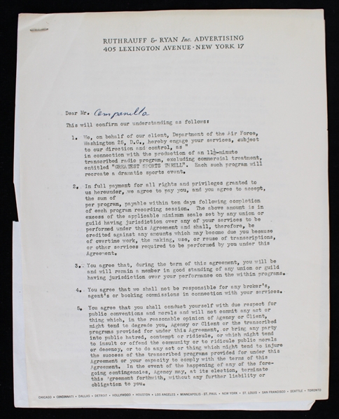 1957 Roy Campanella Brooklyn Dodgers Signed "Greatest Sports Thrill" Radio Program Contract (JSA)