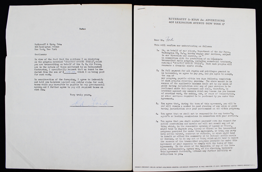 1956 Edward "Whitey" Ford New York Yankees Signed "Greatest Sports Thrill" Radio Program Contract (JSA)