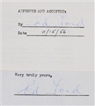 1956 Edward Whitey Ford New York Yankees Signed Greatest Sports Thrill Radio Program Contract (JSA)