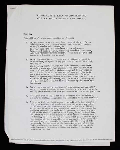 1955 Duke Snider Brooklyn/LA Dodgers Signed "Greatest Sports Thrill" Radio Program Contract (JSA)