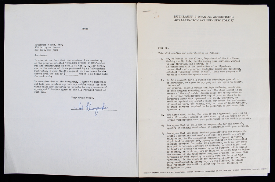 1955 Ted Kluszewski Cincinnati Reds Signed "Greatest Sports Thrill" Radio Program Contract (JSA)