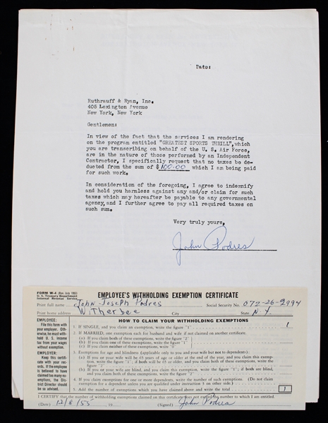 1955 Johnny Podres Brooklyn/Los Angeles Dodgers Signed "Greatest Sports Thrill" Radio Program Contract (JSA)