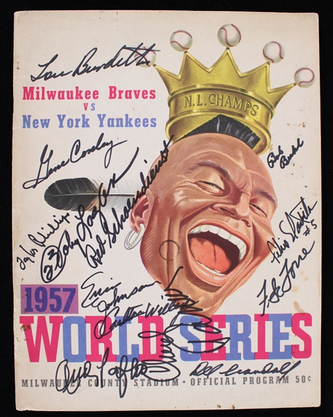 1957 Milwaukee Braves Multi Signed World Series Program w/ 13 Signatures Including Lew Burdette, Johnny Logan, Red Schoendienst, Del Crandall & More (JSA)