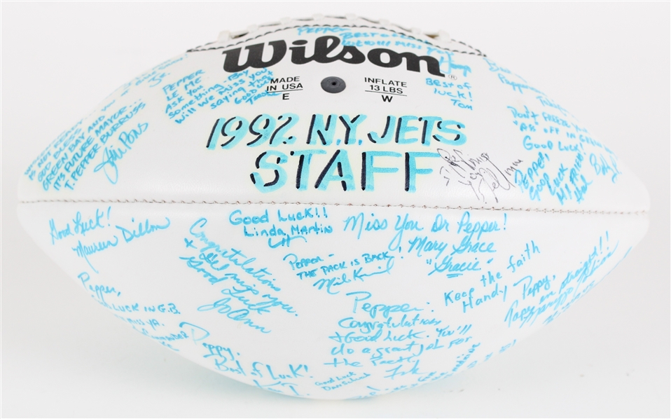 1992 New York Jets Staff Signed & Inscribed Pepper Burruss Presentation Football (MEARS LOA / Pepper Burruss Collection)