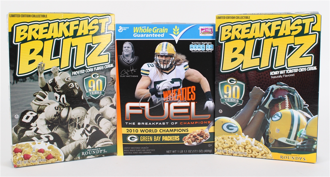 2010s Green Bay Packers Cereal Boxes - Lot of 3 w/ Clay Matthews Signed Wheaties Box (JSA / Pepper Burruss Collection)