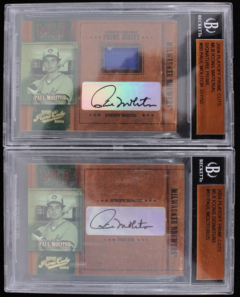 2004 Paul Molitor Milwaukee Brewers Signed Playoff Prime Cuts Baseball Trading Cards - Lot of 2 w/ 1 Jersey Card (Beckett Slabbed) Numbered 15/25 & 08/50